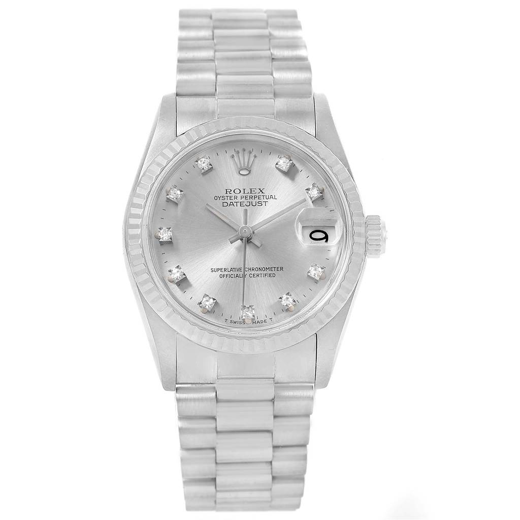 This image shows a front view of a Rolex President 68279 Women's White Gold Silver Dial 68279 Women's White Gold Silver Dial model watch, highlighting the dial, bezel, crown, and bracelet.