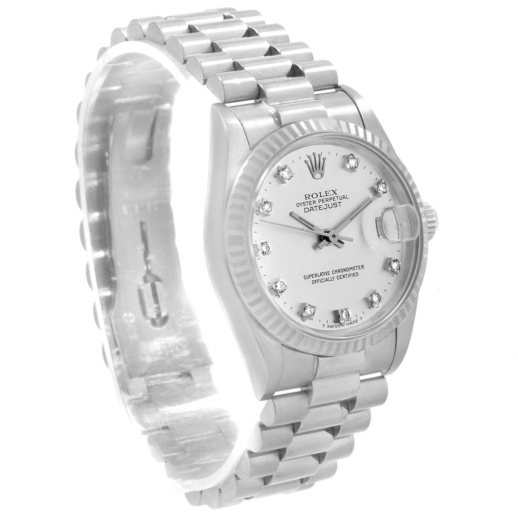 The image shows a Rolex President 68279 Women's White Gold Silver Dial 68279 Women's White Gold Silver Dial model watch from a front angle, highlighting the bracelet, case, dial, and crown.