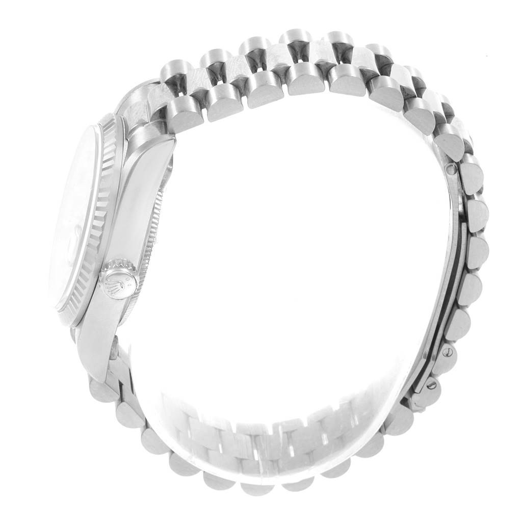 The image shows a side view of the Rolex President 68279 Women's White Gold Silver Dial 68279 Women's White Gold Silver Dial model watch, highlighting the crown, case, and bracelet.