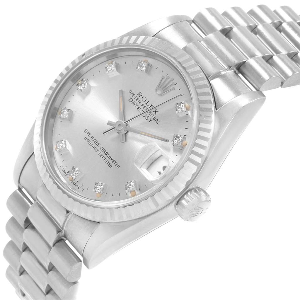 The image shows a close-up, angled view of the Rolex President 68279 Women's White Gold Silver Dial 68279 Women's White Gold Silver Dial model watch, displaying the face, crown, bezel, and part of the bracelet.