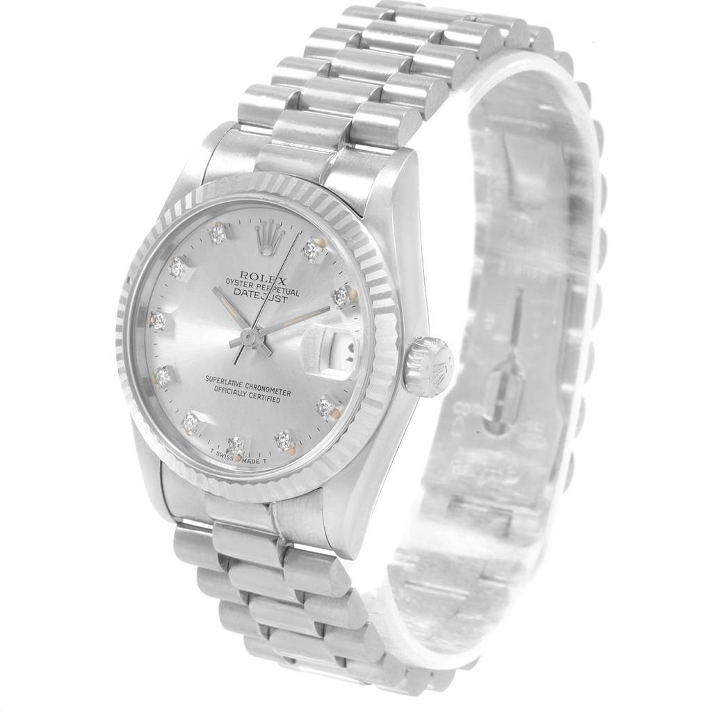 The Rolex President 68279 Women's White Gold Silver Dial 68279 Women's White Gold Silver Dial watch is shown at a slight right angle, highlighting its bracelet, watch face, and crown.