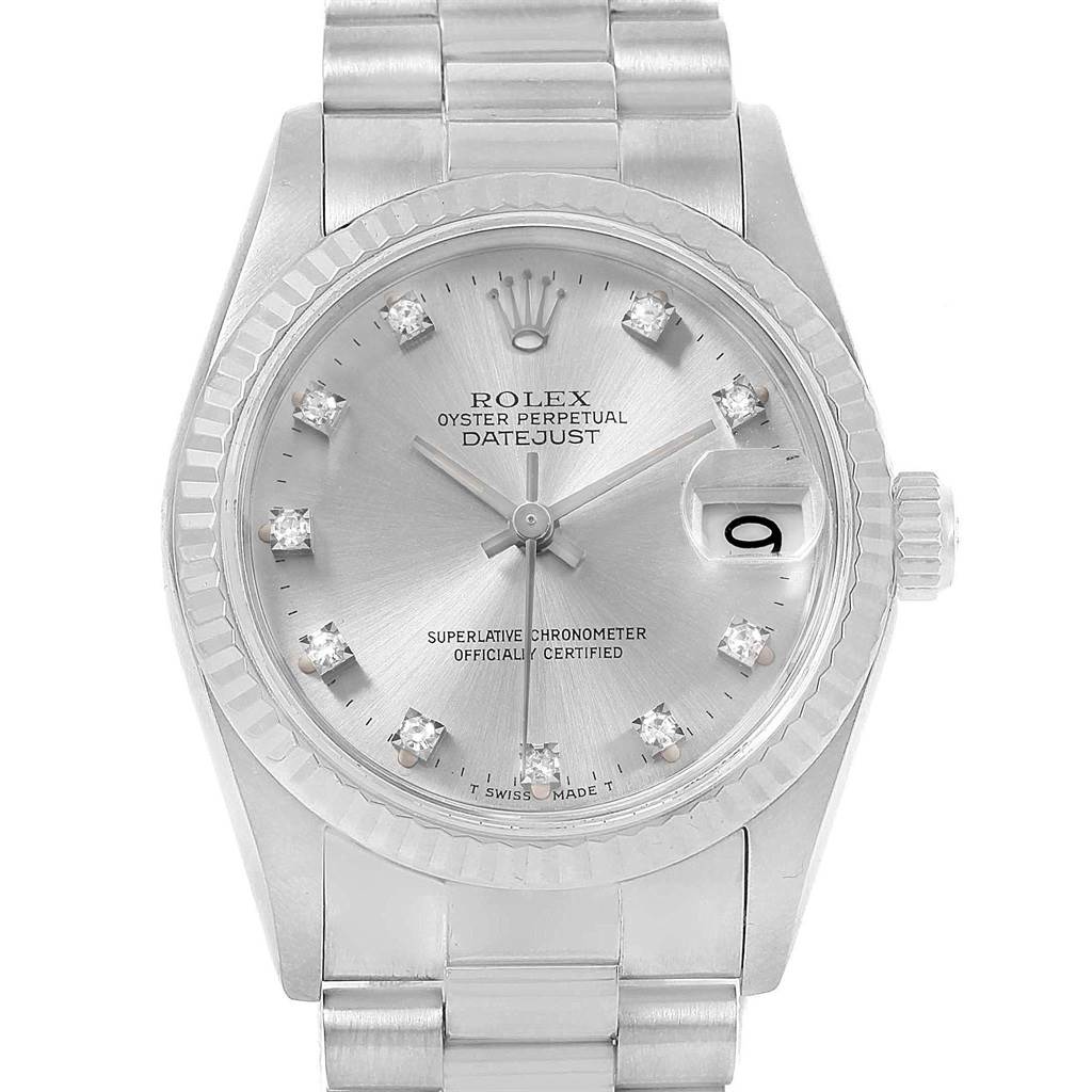 The image shows a front view of the Rolex President 68279 Women's White Gold Silver Dial 68279 Women's White Gold Silver Dial Datejust watch, featuring its dial, bezel, and part of the bracelet.