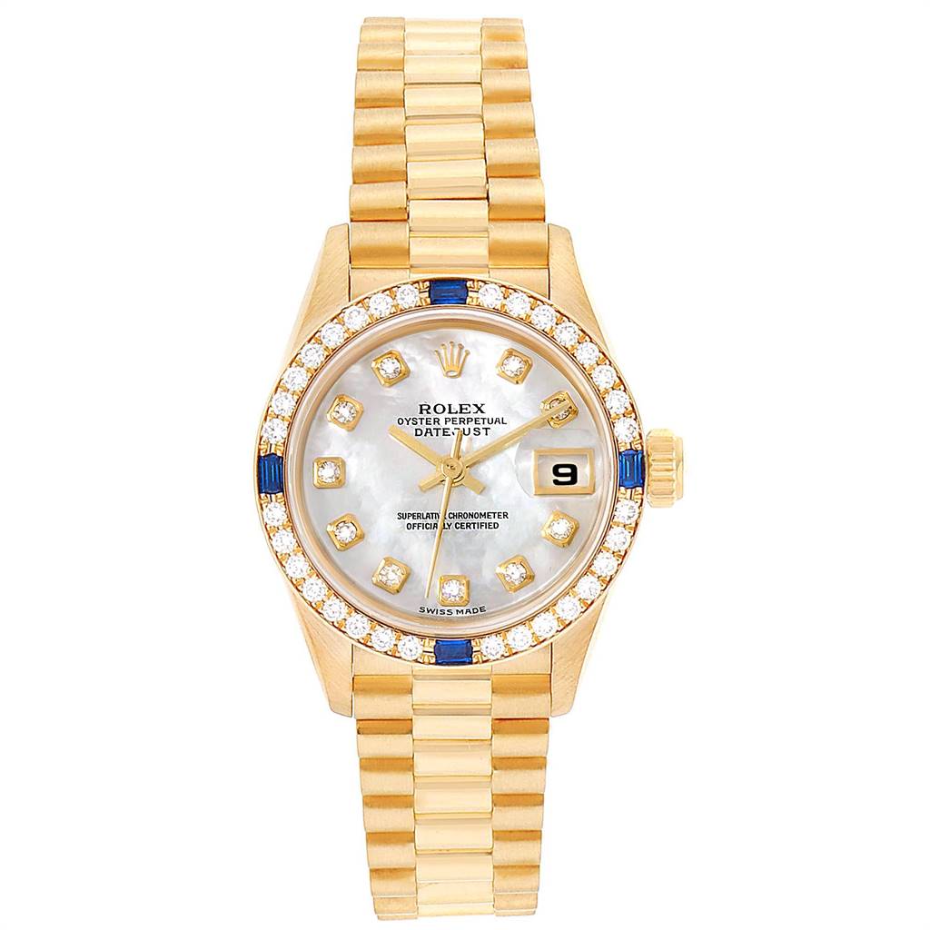 The image shows a Rolex President 79088 Women
s Yellow Gold Mother of Pearl Dial 79088 Women
s Yellow Gold Mother of Pearl Dial model watch from a frontal angle, highlighting its face, bezel, and bracelet.