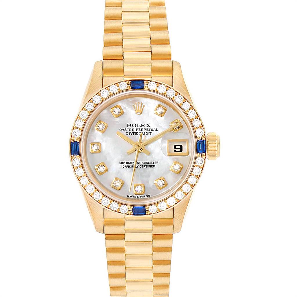 The Rolex President 79088 Women
s Yellow Gold Mother of Pearl Dial 79088 Women
s Yellow Gold Mother of Pearl Dial model watch is shown from the front, displaying the dial, bezel, bracelet, and crown.