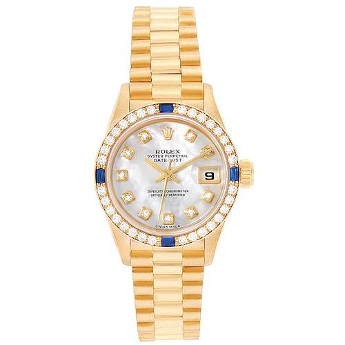 Photo of Rolex President Datejust Yellow Gold Diamond Sapphire Ladies Watch 79088 Box Papers