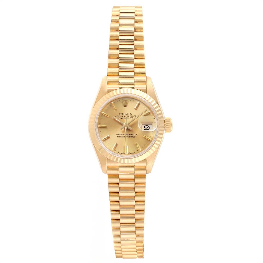 The Rolex President 69178 Women
s Yellow Gold Champagne Dial 69178 Women
s Yellow Gold Champagne Dial model watch is pictured from a top-down angle, showing the face, bezel, and bracelet.