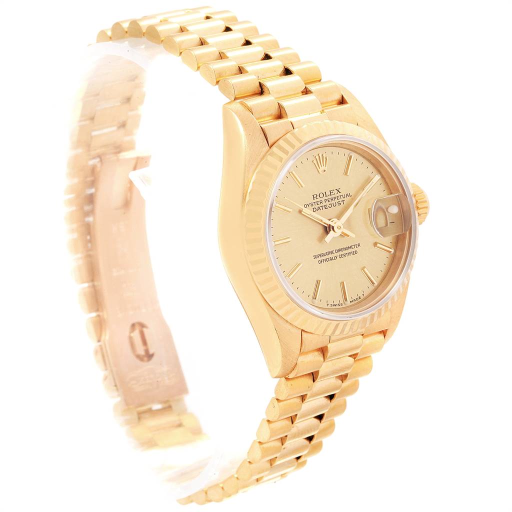 The image shows a Rolex President 69178 Women
s Yellow Gold Champagne Dial 69178 Women
s Yellow Gold Champagne Dial model watch at a three-quarter angle, highlighting the bracelet, case, dial, and date window.