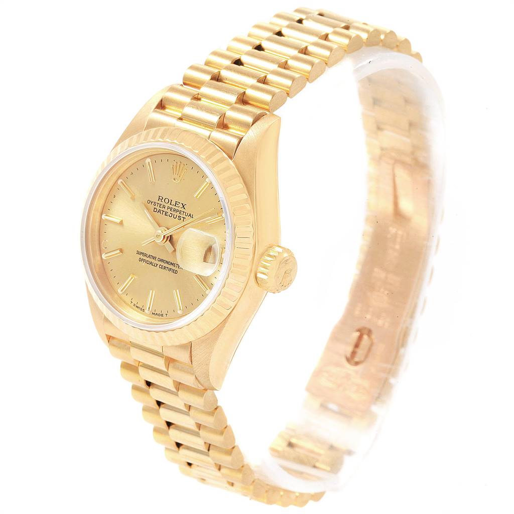 The image shows a side-angle view of a gold Rolex President 69178 Women
s Yellow Gold Champagne Dial 69178 Women
s Yellow Gold Champagne Dial watch, featuring the dial, crown, and bracelet.