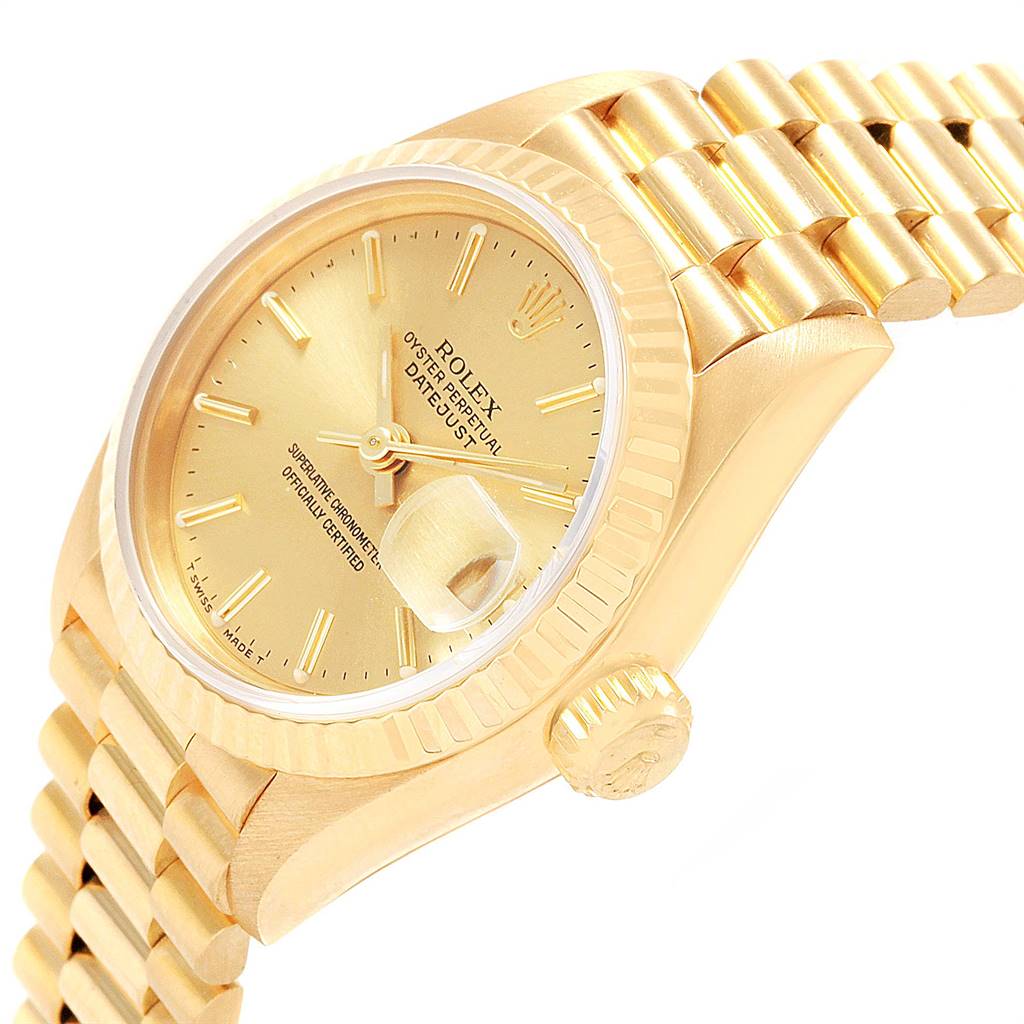 The image shows a side angle of a Rolex President 69178 Women
s Yellow Gold Champagne Dial 69178 Women
s Yellow Gold Champagne Dial model watch, highlighting its gold bracelet, crown, and dial with date window.