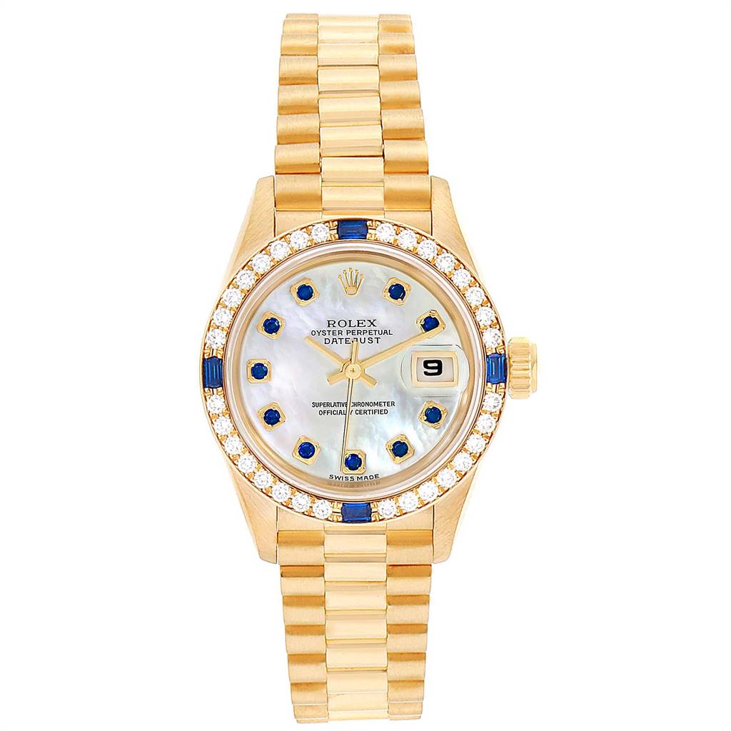 This image shows a Rolex President 79088 Women's Yellow Gold Mother of Pearl Dial 79088 Women's Yellow Gold Mother of Pearl Dial model watch from a front angle, highlighting the dial, bezel, bracelet, and date window.