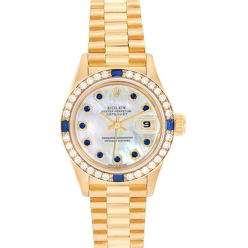 Rolex President Datejust 26 Yellow Gold Diamond Sapphire Ladies Watch 79088 SwissWatchExpo