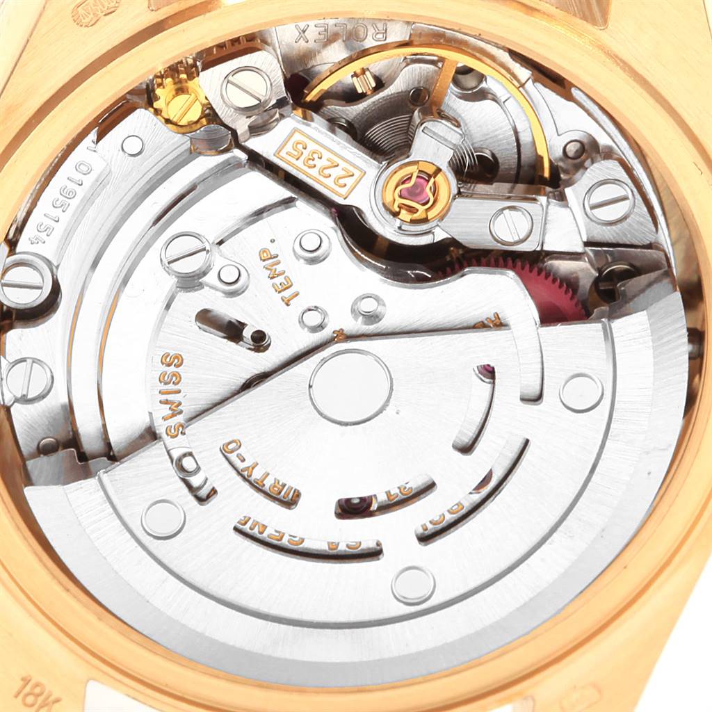 The image shows the internal mechanical parts of a Rolex President 79088 Women's Yellow Gold Mother of Pearl Dial 79088 Women's Yellow Gold Mother of Pearl Dial model watch from a close-up angle, focusing on the movement.