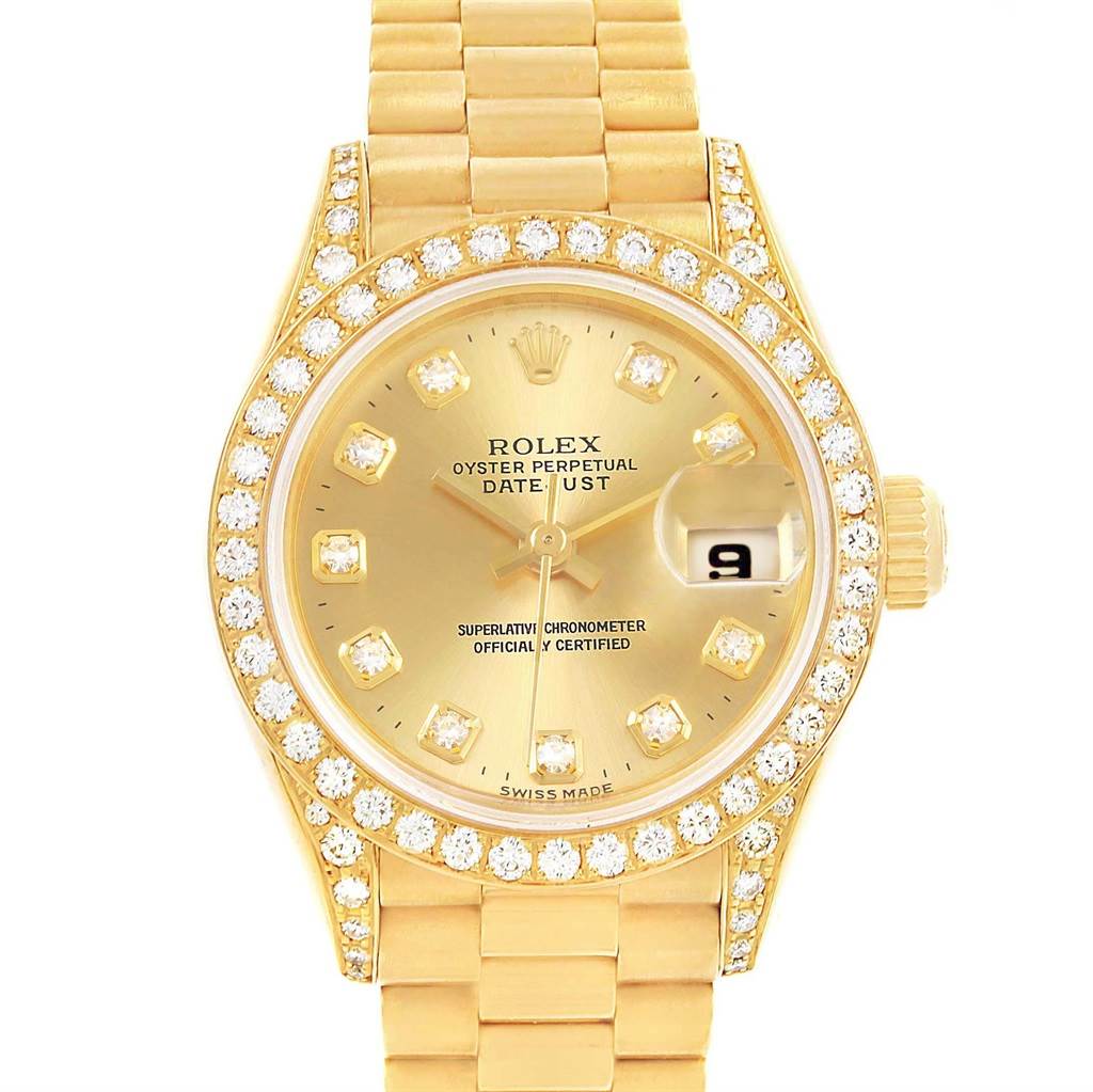 This image shows the front view of a Rolex President 79188 Women
s Yellow Gold Champagne Dial 79188 Women
s Yellow Gold Champagne Dial model watch, featuring a gold dial, diamond bezel, and a gold bracelet.