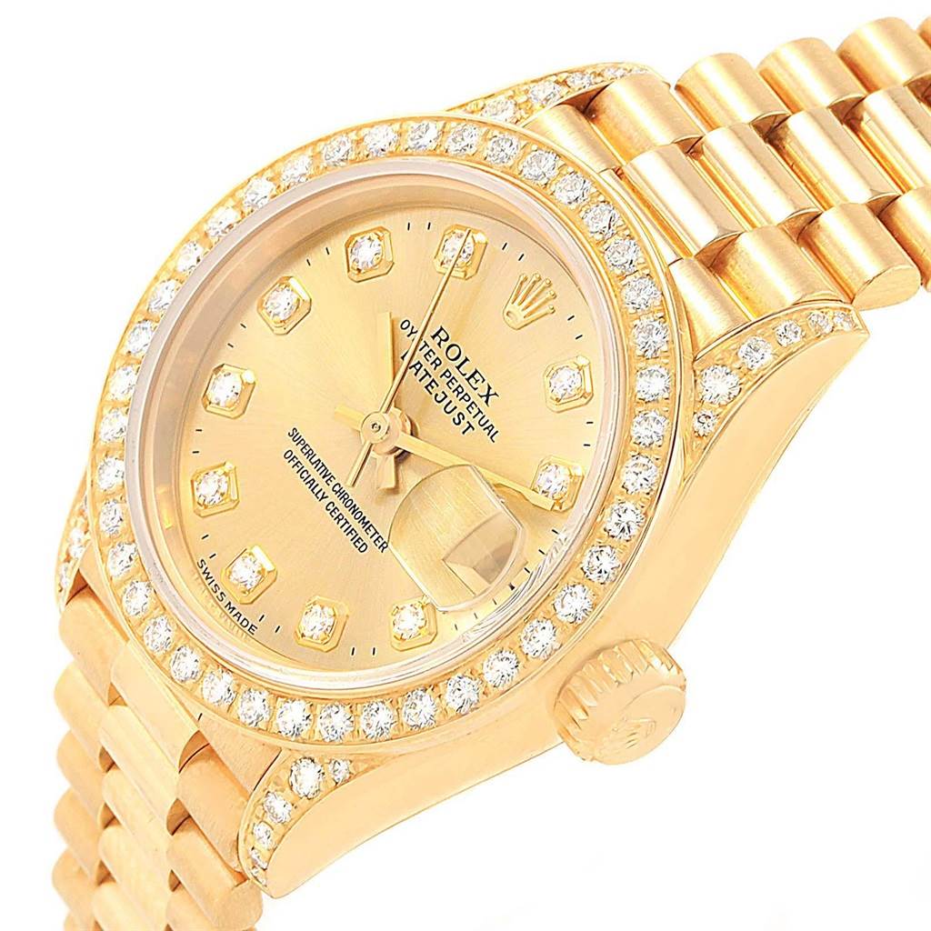 The Rolex President 79188 Women
s Yellow Gold Champagne Dial 79188 Women
s Yellow Gold Champagne Dial model watch is shown from an angled top view, displaying the face, bezel, and part of the bracelet.