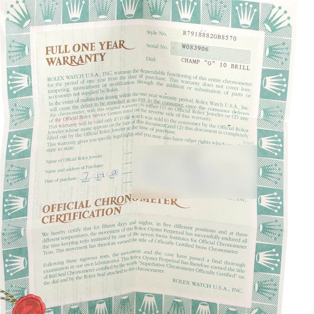 The image shows the warranty and certification papers for a Rolex President 79188 Women
s Yellow Gold Champagne Dial 79188 Women
s Yellow Gold Champagne Dial model watch.