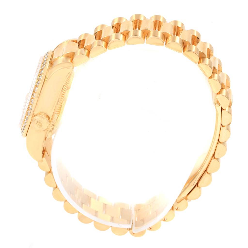 This image shows a side view of the case and bracelet of a Rolex President 179138 Women's Yellow Gold Mother of Pearl Dial 179138 Women's Yellow Gold Mother of Pearl Dial model watch.