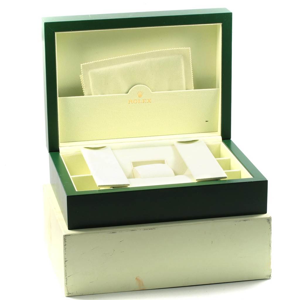 The image shows a Rolex President 179138 Women's Yellow Gold Mother of Pearl Dial 179138 Women's Yellow Gold Mother of Pearl Dial model watch box with the lid open and interior compartments displayed.