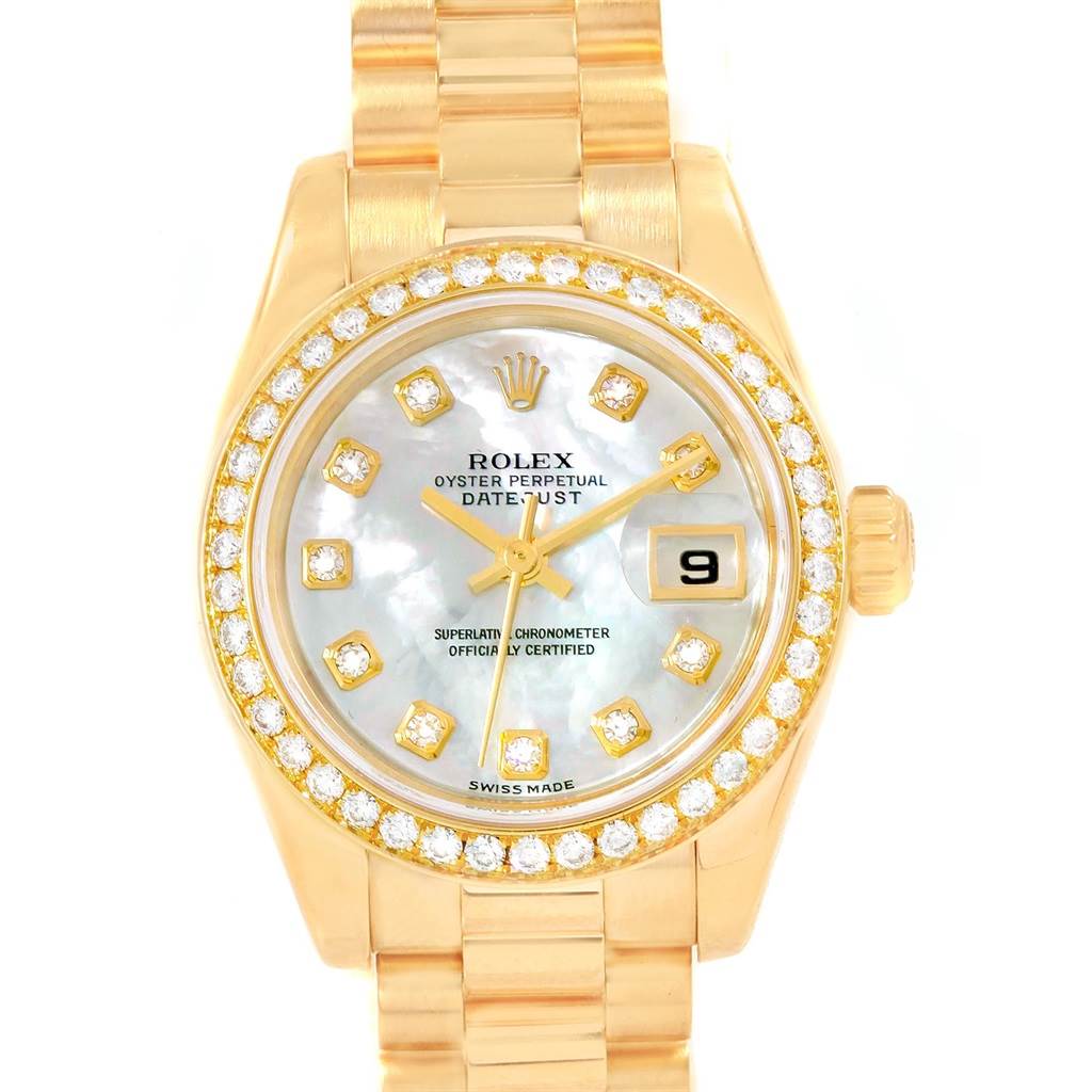 This image shows a front view of a Rolex President 179138 Women's Yellow Gold Mother of Pearl Dial 179138 Women's Yellow Gold Mother of Pearl Dial model watch, highlighting its bezel, dial, and bracelet.