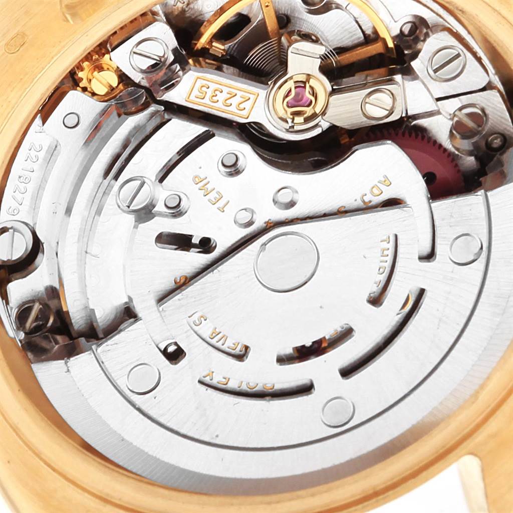 This image shows a close-up view of the movement mechanism of the Rolex President 179138 Women's Yellow Gold Mother of Pearl Dial 179138 Women's Yellow Gold Mother of Pearl Dial model watch.