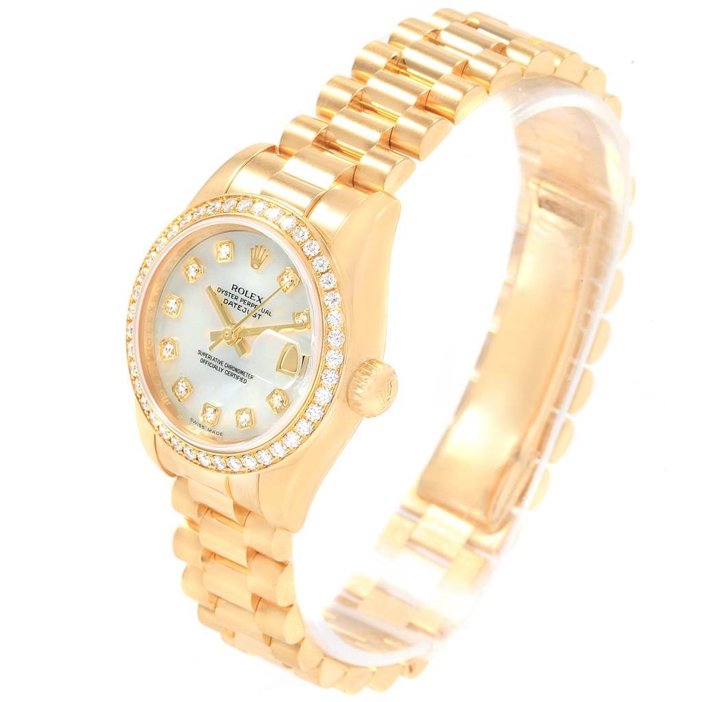 This image shows an angled view of the President model Rolex watch, displaying the face, bezel, crown, and part of the bracelet.