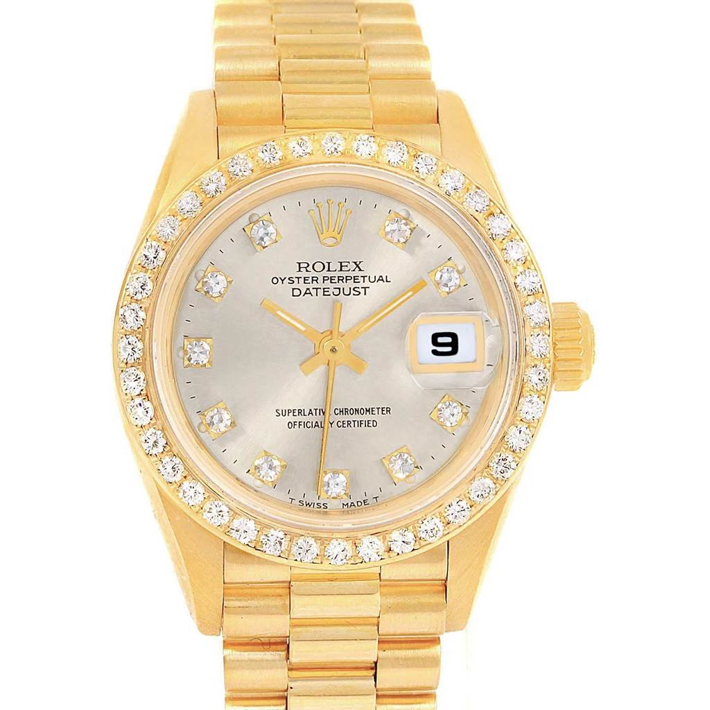 This Rolex President 69178 Women
s Yellow Gold Silver Dial 69178 Women
s Yellow Gold Silver Dial model watch is shown from the front, highlighting its gold band and diamond-encrusted bezel and dial.