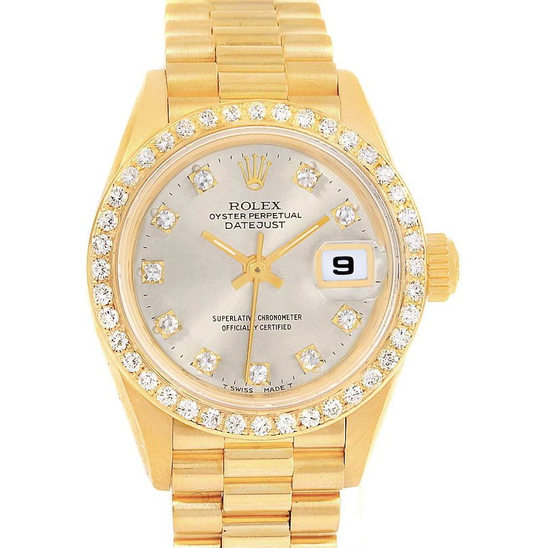 Rolex President Datejust 26 Silver Dial Yellow Gold Diamond Watch 69178 SwissWatchExpo