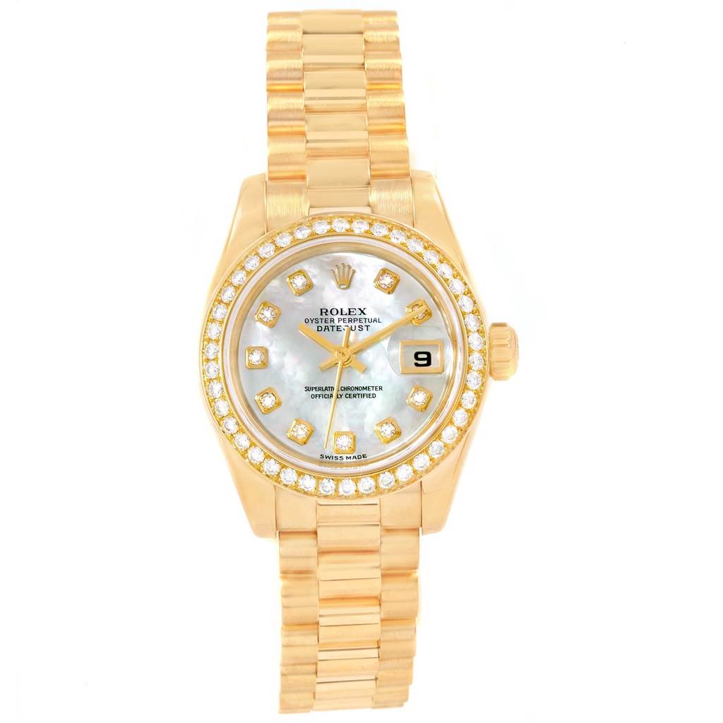 The image shows a Rolex President 79138 Women's Yellow Gold Mother of Pearl Dial 79138 Women's Yellow Gold Mother of Pearl Dial model watch with its full face, bezel, and bracelet at a straight-on angle.