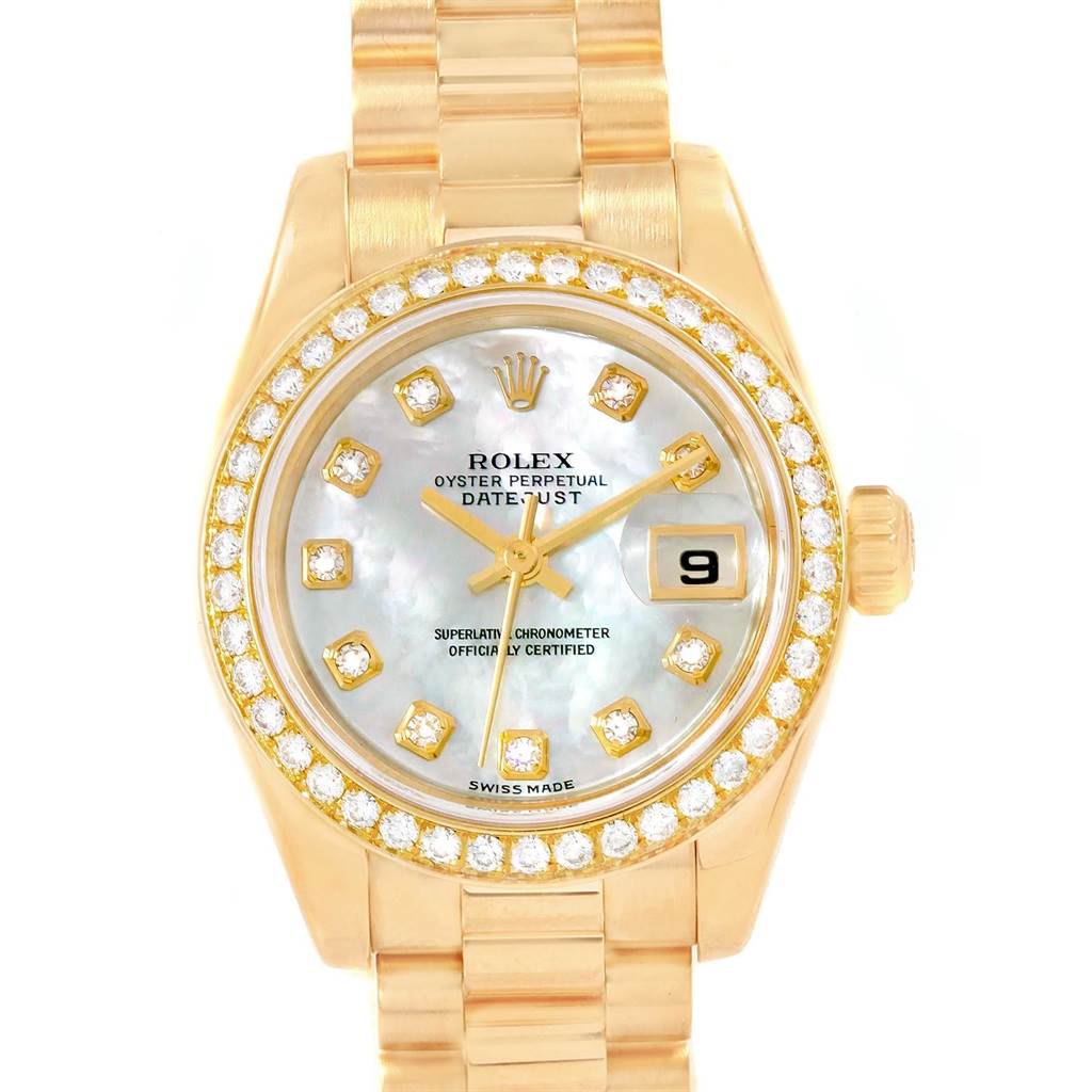 This image shows a front view of the Rolex President 79138 Women's Yellow Gold Mother of Pearl Dial 79138 Women's Yellow Gold Mother of Pearl Dial model, displaying its dial, bezel, and a portion of the bracelet.