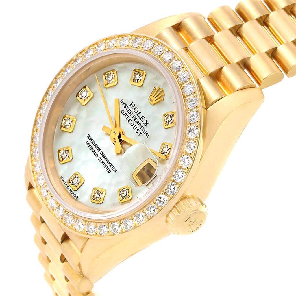 This is a Rolex President 79138 Women's Yellow Gold Mother of Pearl Dial 79138 Women's Yellow Gold Mother of Pearl Dial model watch shown from a front angle, highlighting its dial, bezel, and bracelet.
