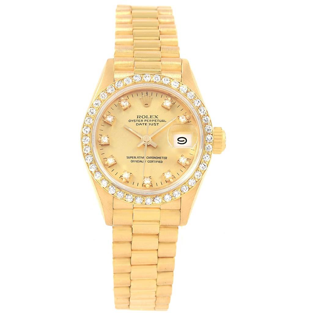 The image shows a front view of a gold Rolex President 69178 Women
s Yellow Gold Champagne Dial 69178 Women
s Yellow Gold Champagne Dial model watch, highlighting its dial, bezel, and bracelet.