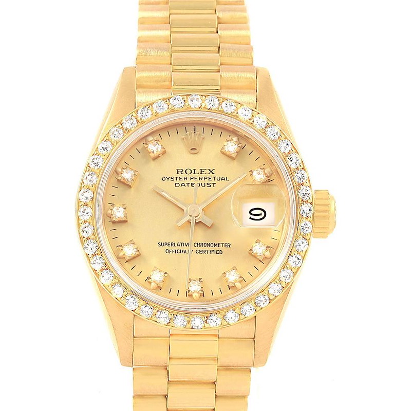 Rolex President Datejust Diamond Dial Bezel 18K Yellow Gold Watch 69178 SwissWatchExpo