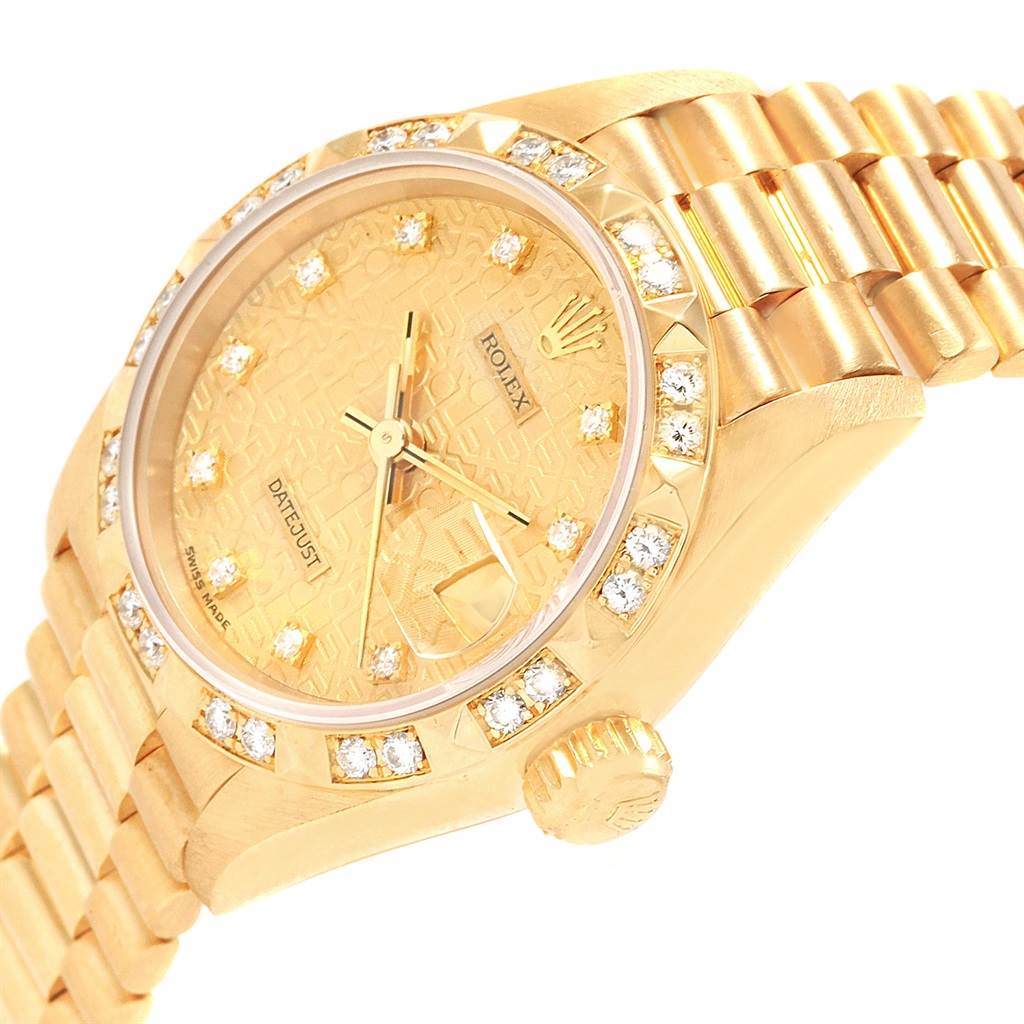 The image shows a close-up of the dial, bezel, and crown of the Rolex President 69178 Women
s Yellow Gold Champagne Dial 69178 Women
s Yellow Gold Champagne Dial model watch at an angle.