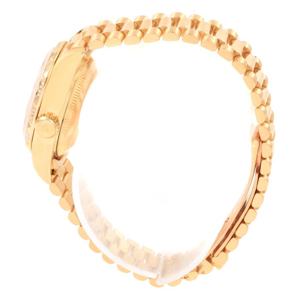 The image shows a side view of a Rolex President 69178 Women
s Yellow Gold Champagne Dial 69178 Women
s Yellow Gold Champagne Dial model watch, highlighting the bracelet and case.