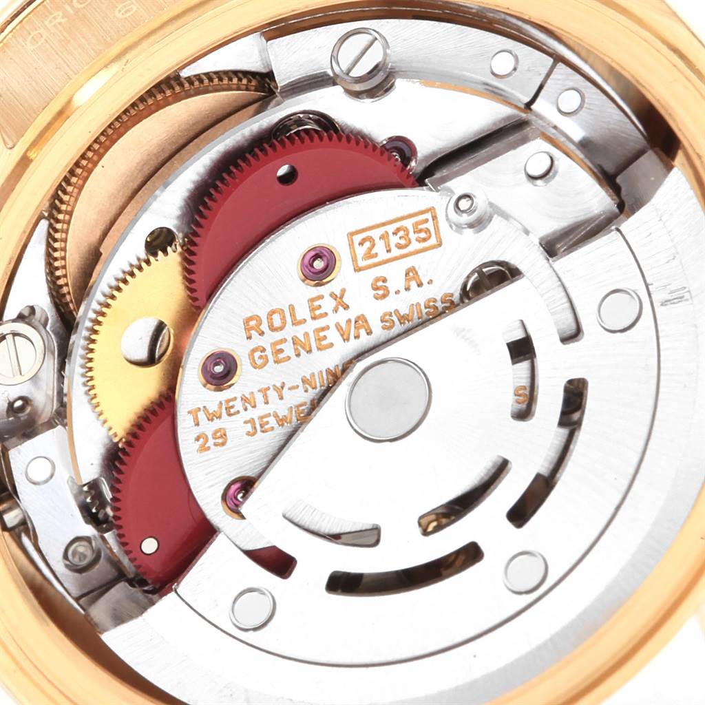This is a close-up view of the movement mechanism inside a Rolex President 69178 Women
s Yellow Gold Champagne Dial 69178 Women
s Yellow Gold Champagne Dial model watch.