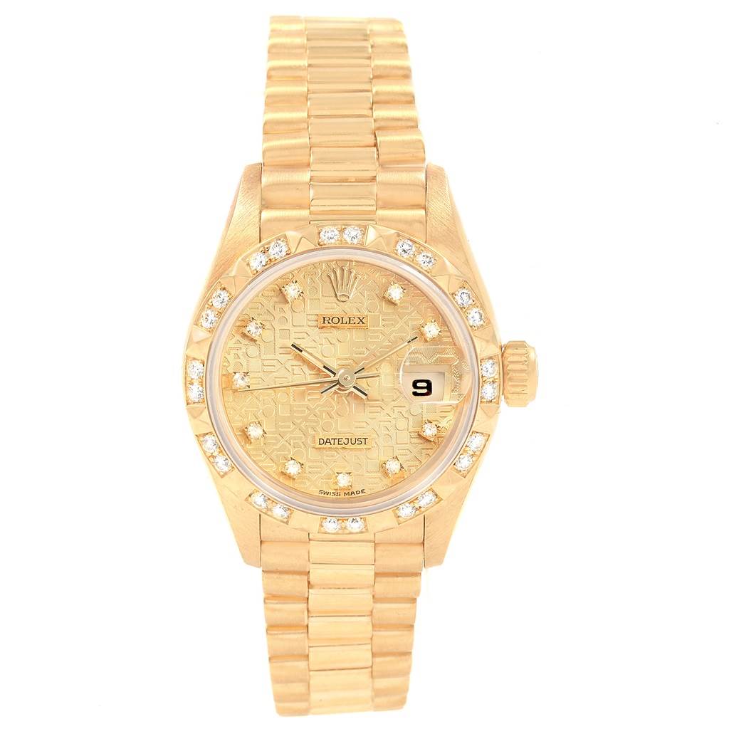 The image shows a Rolex President 69178 Women
s Yellow Gold Champagne Dial 69178 Women
s Yellow Gold Champagne Dial model watch from a front angle, highlighting the dial, bezel, and bracelet.