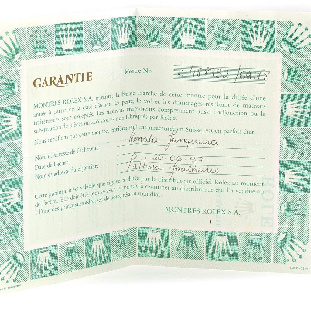 This image shows the warranty certificate for a Rolex President 69178 Women
s Yellow Gold Champagne Dial 69178 Women
s Yellow Gold Champagne Dial model watch.