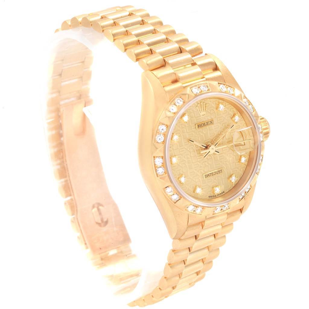 The image shows a Rolex President 69178 Women
s Yellow Gold Champagne Dial 69178 Women
s Yellow Gold Champagne Dial model watch from an angled view, highlighting the bracelet, bezel, dial, and crown.