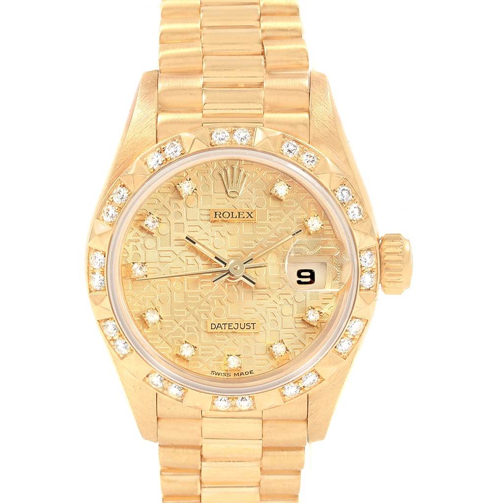 The image shows a Rolex President 69178 Women
s Yellow Gold Champagne Dial 69178 Women
s Yellow Gold Champagne Dial Datejust watch, viewed from the front, highlighting its dial, bezel, and bracelet.