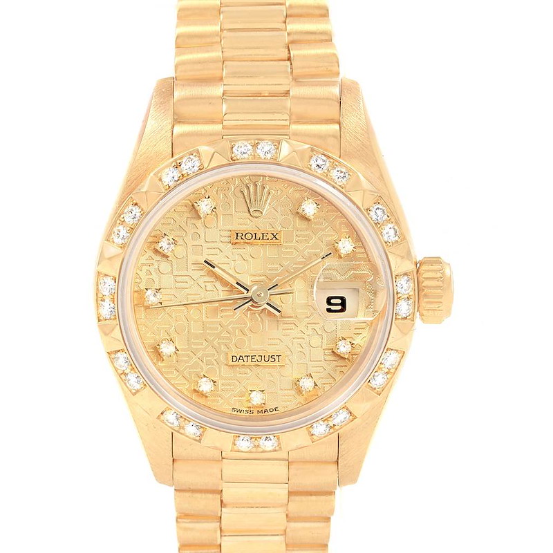 Rolex President Datejust Yellow Gold Pyramid Diamond Bezel Watch 69178 SwissWatchExpo
