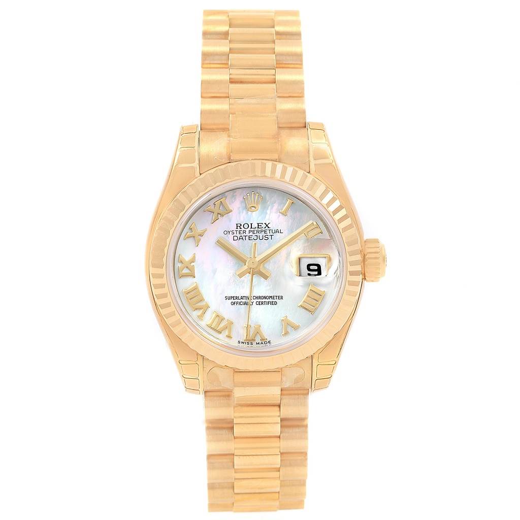 The image shows a Rolex President 179178 Women's Yellow Gold Mother of Pearl Dial 179178 Women's Yellow Gold Mother of Pearl Dial model watch viewed from the front, displaying the dial, bezel, crown, and band.