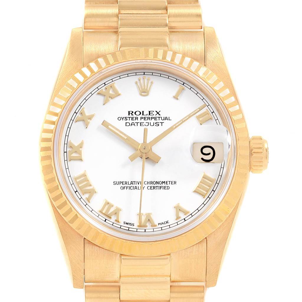 This image shows a Rolex President 68278 Women's Yellow Gold White Dial 68278 Women's Yellow Gold White Dial model watch with a clear view of the dial, bezel, bracelet, and crown.