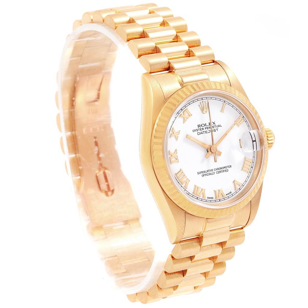 The Rolex President 68278 Women's Yellow Gold White Dial 68278 Women's Yellow Gold White Dial model watch is shown at a side angle, displaying its bracelet, bezel, and white dial with Roman numerals.