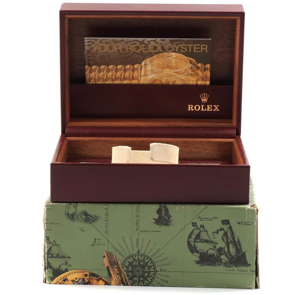 The image shows an open Rolex President 68278 Women's Yellow Gold White Dial 68278 Women's Yellow Gold White Dial model watch box with the inner cushion and a booklet.