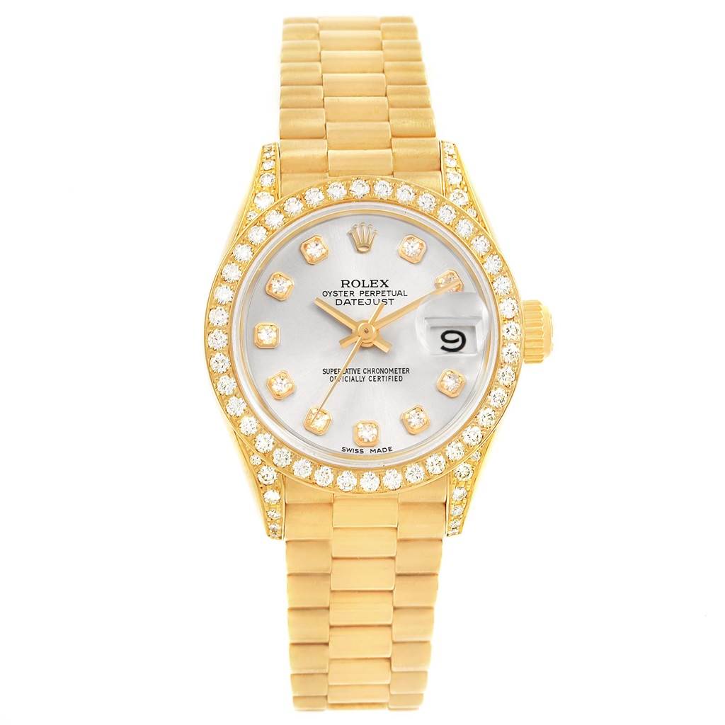 The image shows a front view of a Rolex President 69158 Women's Yellow Gold Silver Dial 69158 Women's Yellow Gold Silver Dial Datejust watch, highlighting its gold bracelet, diamond-set bezel, and date display.