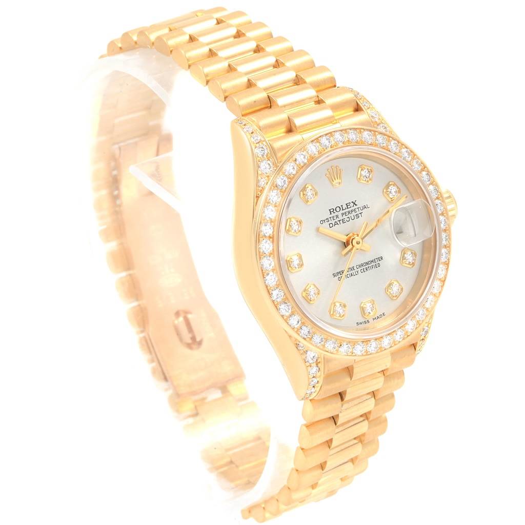 The image shows a Rolex President 69158 Women's Yellow Gold Silver Dial 69158 Women's Yellow Gold Silver Dial watch at a three-quarter angle, highlighting the bracelet, bezel, and face.