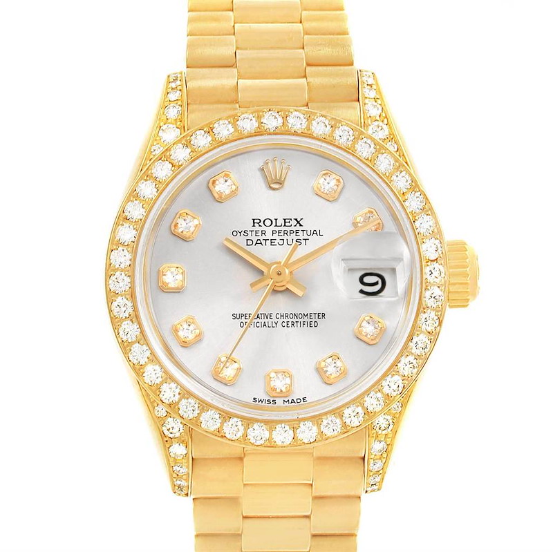 Rolex President Crown Yellow Gold Silver Diamond Dial Ladies Watch 69158 SwissWatchExpo