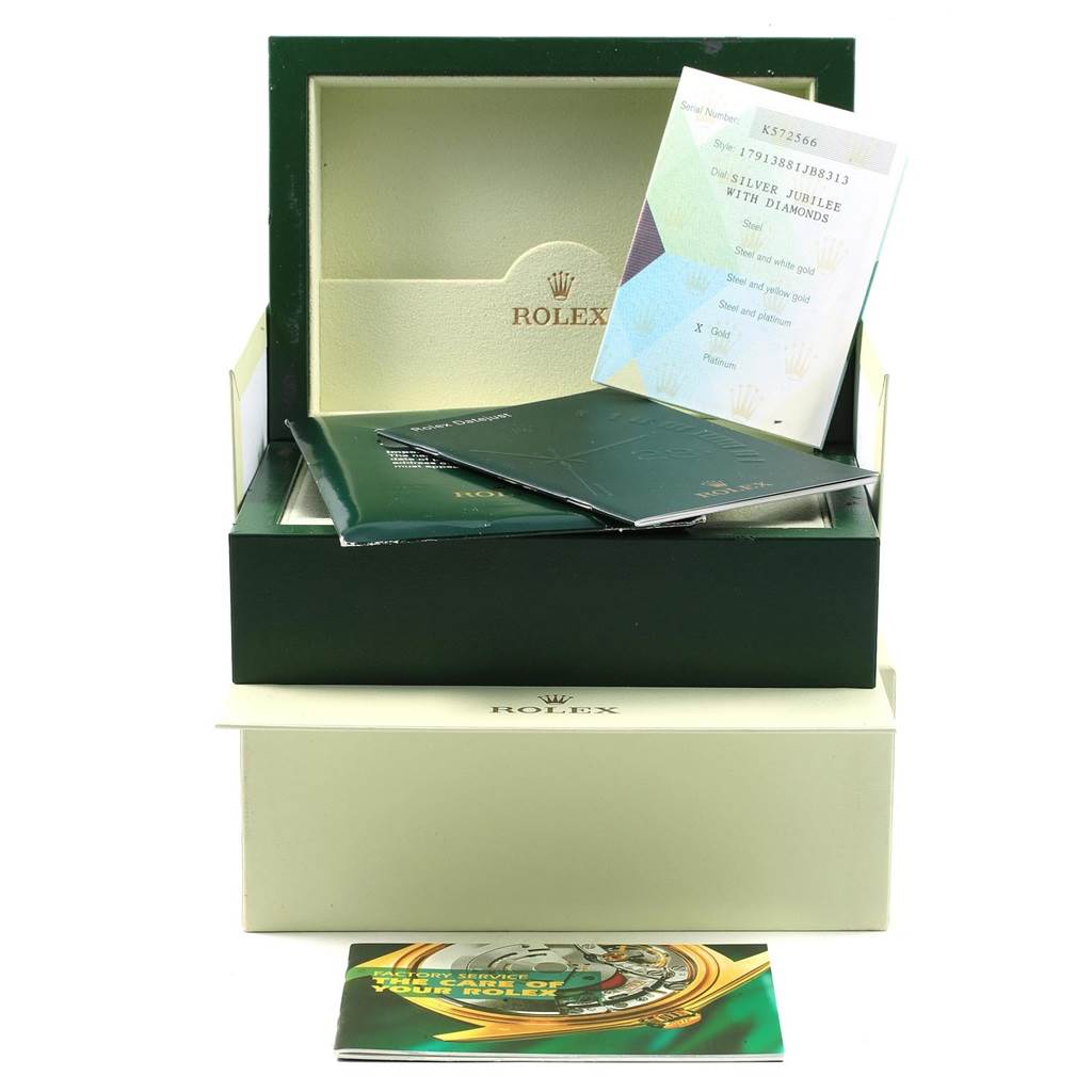 The image shows the packaging and documentation for a Rolex President 179138 Women's Yellow Gold Silver Dial 179138 Women's Yellow Gold Silver Dial model watch, viewed from the front angle.