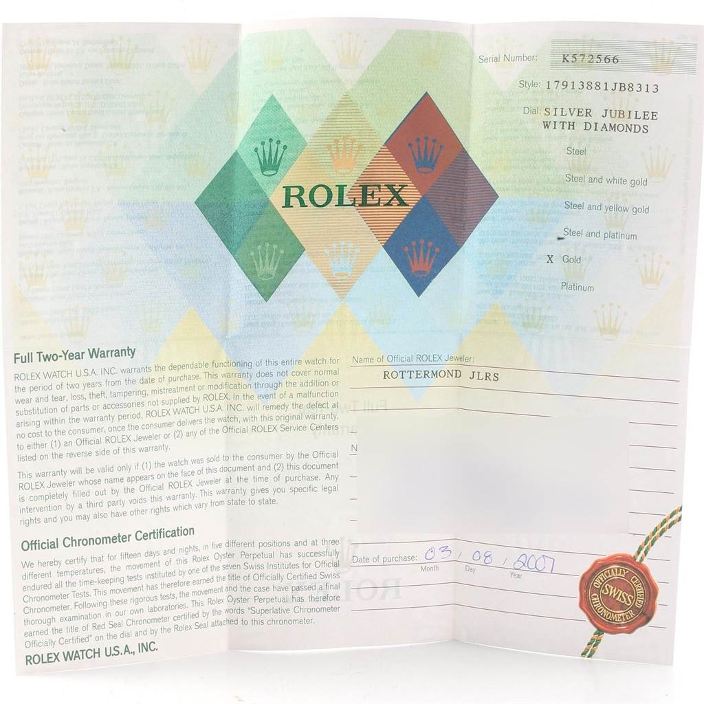 This image shows the warranty and certification papers for a Rolex President 179138 Women's Yellow Gold Silver Dial 179138 Women's Yellow Gold Silver Dial model watch.