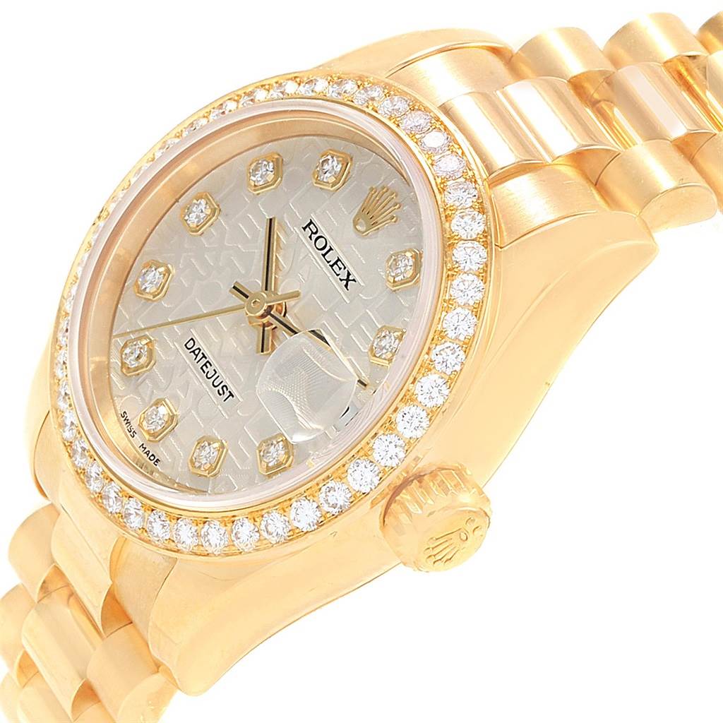The Rolex President 179138 Women's Yellow Gold Silver Dial 179138 Women's Yellow Gold Silver Dial model watch is shown at an angled view, highlighting its dial, bezel, and bracelet.