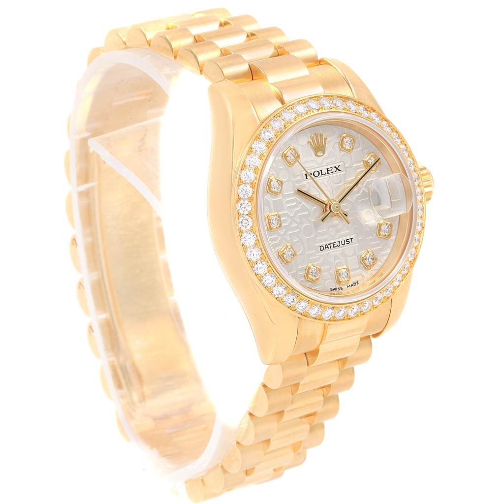 The image shows a Rolex President 179138 Women's Yellow Gold Silver Dial 179138 Women's Yellow Gold Silver Dial Datejust watch at a three-quarter angle, displaying the bracelet, bezel, and watch face with the date feature.